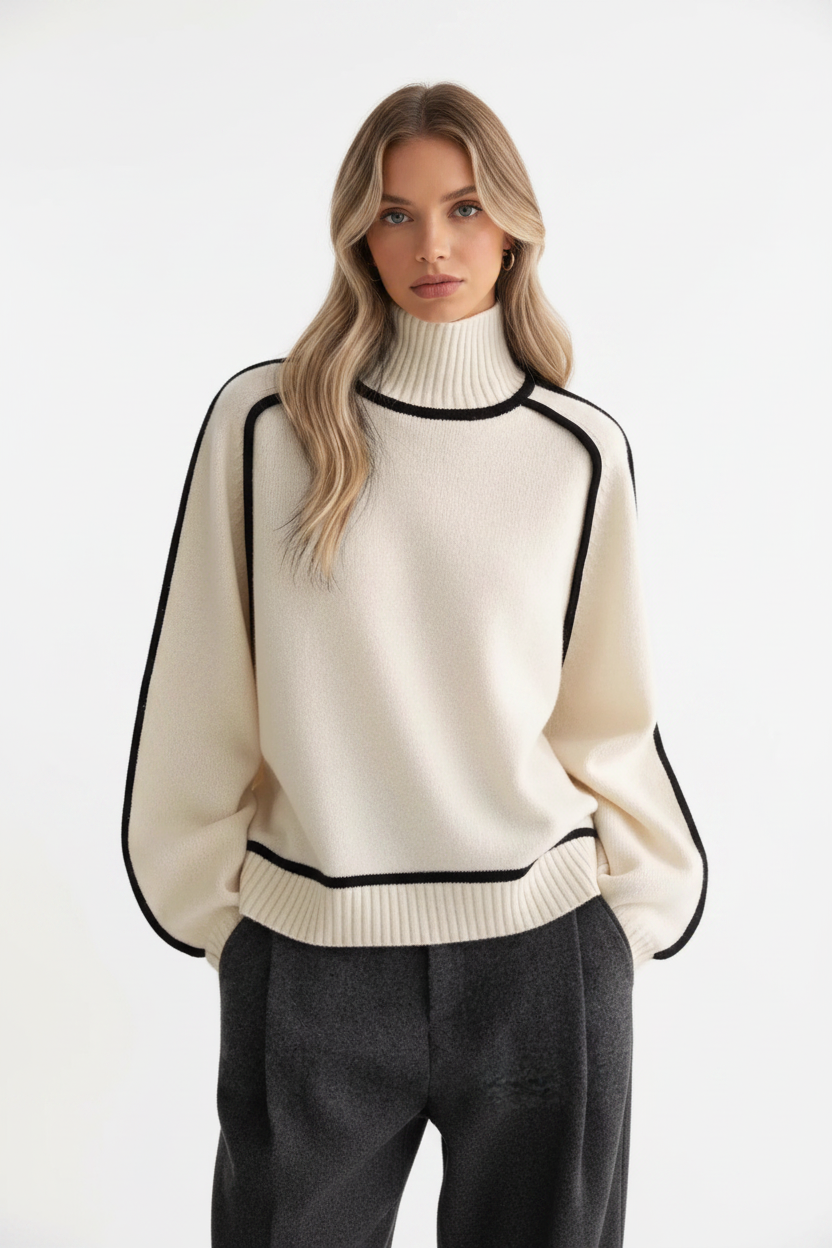 Front view of a two-tone turtleneck sweater with contrast trim and long sleeves in a soft lightweight knit