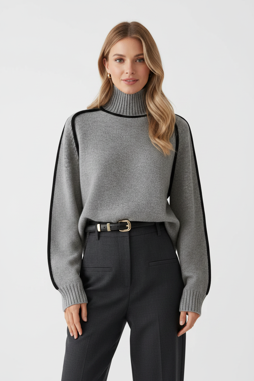 Flat lay of the long sleeve sweater highlighting contrast stitching, ribbed cuffs, and sleek minimal shape