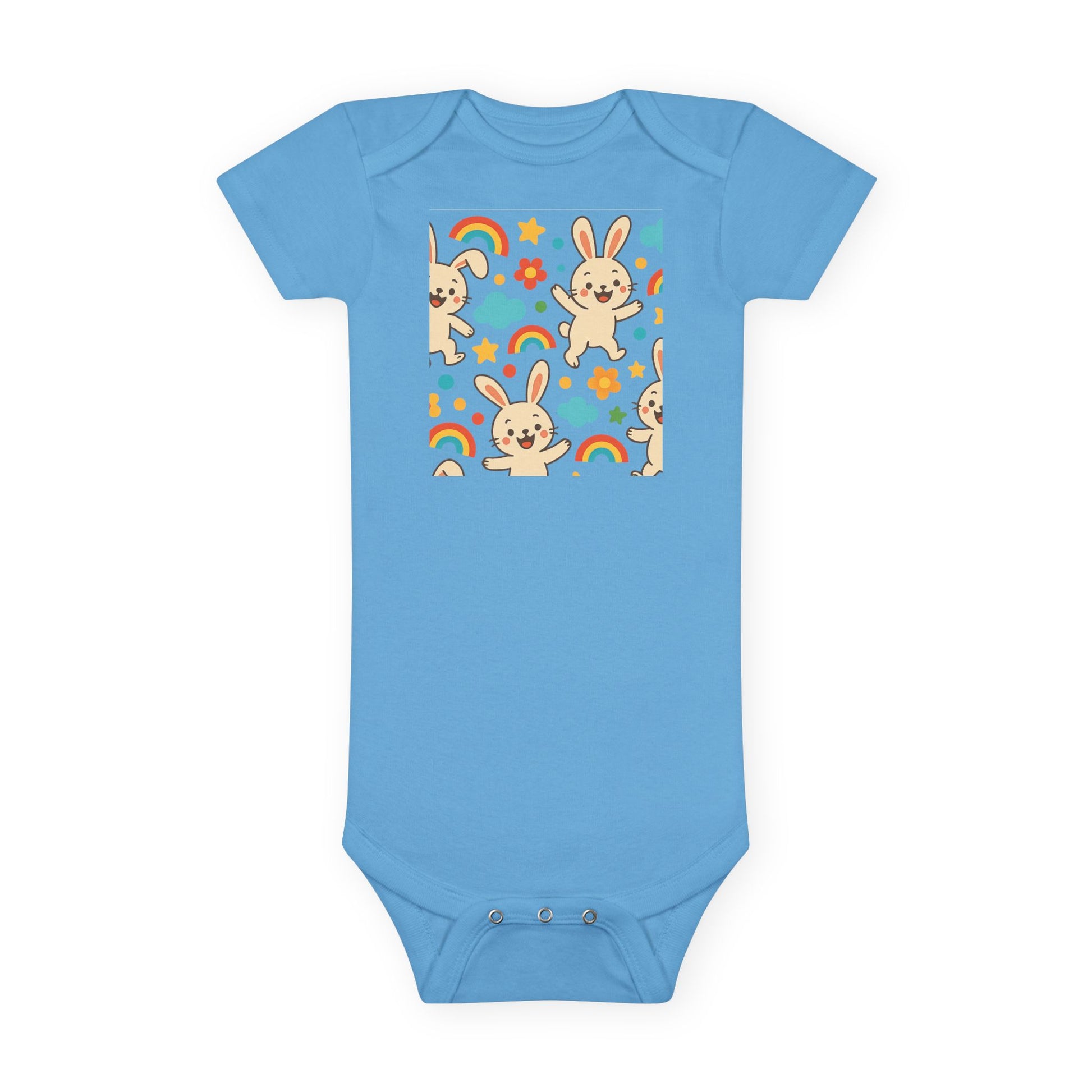 Cute Bunny Baby Onesie shown in styled spring setting

