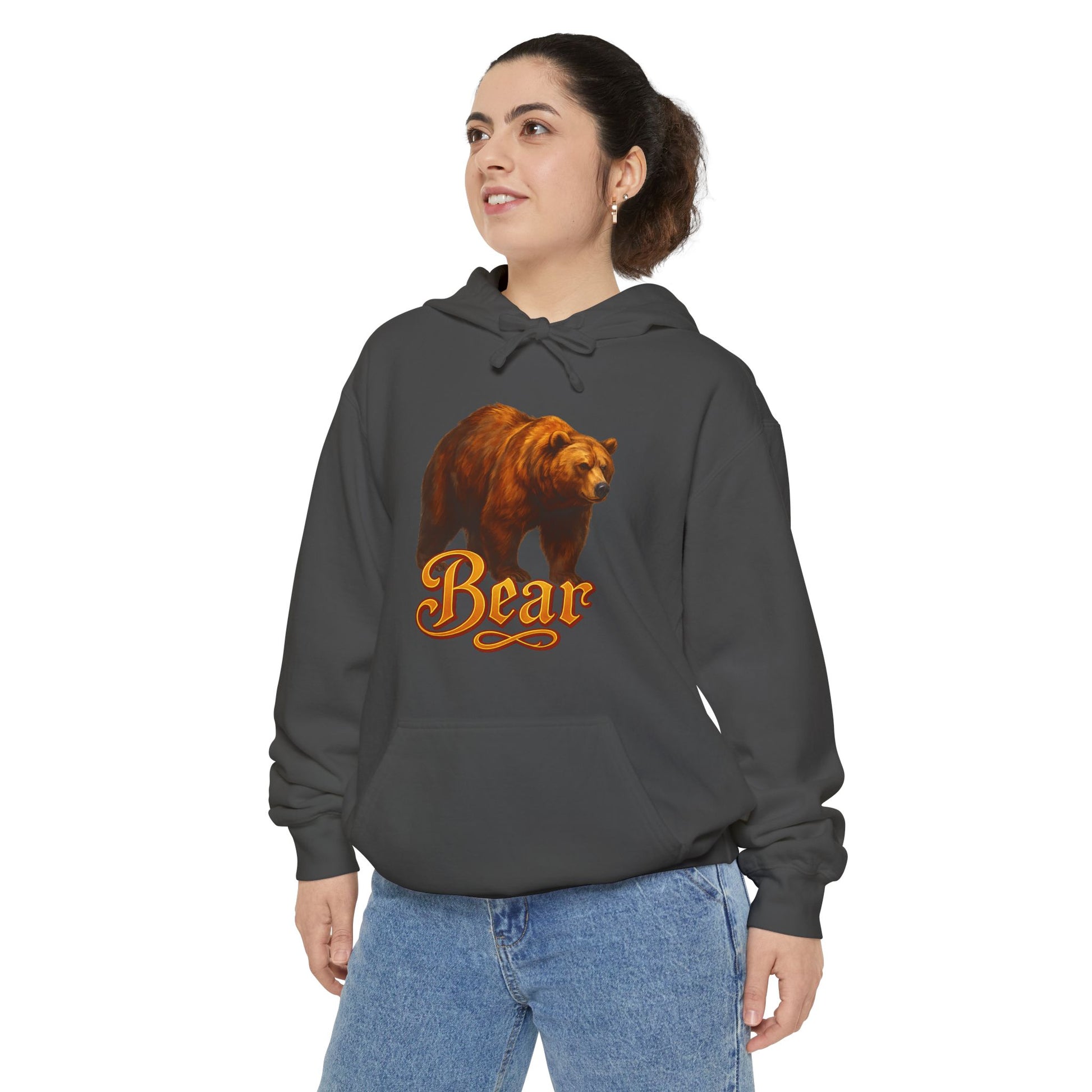 Couple wearing Bear Graphic Hoodie and Unisex Sweatshirt side by side against neutral background

