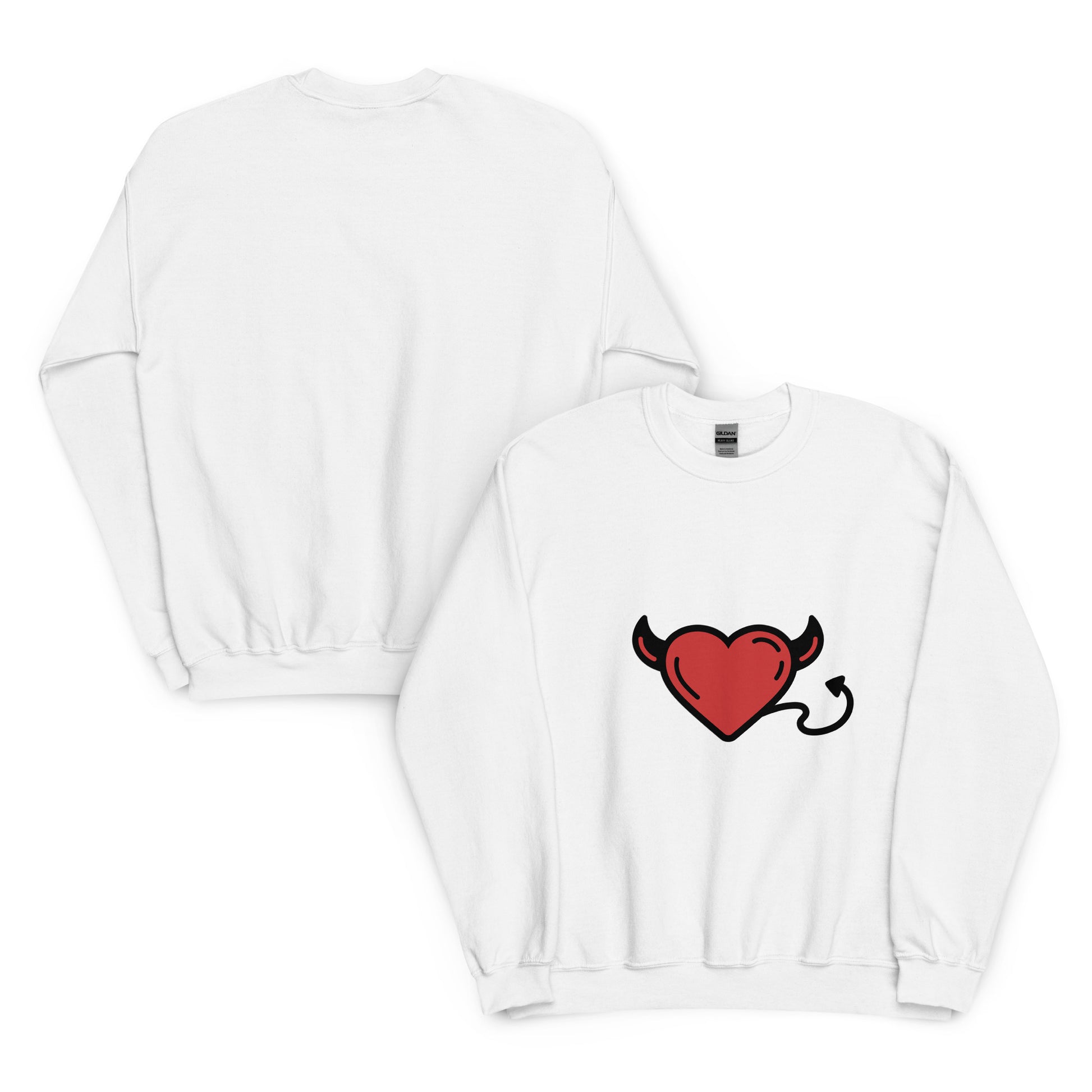 Couple wearing matching unisex sweatshirts with fun red heart graphic

