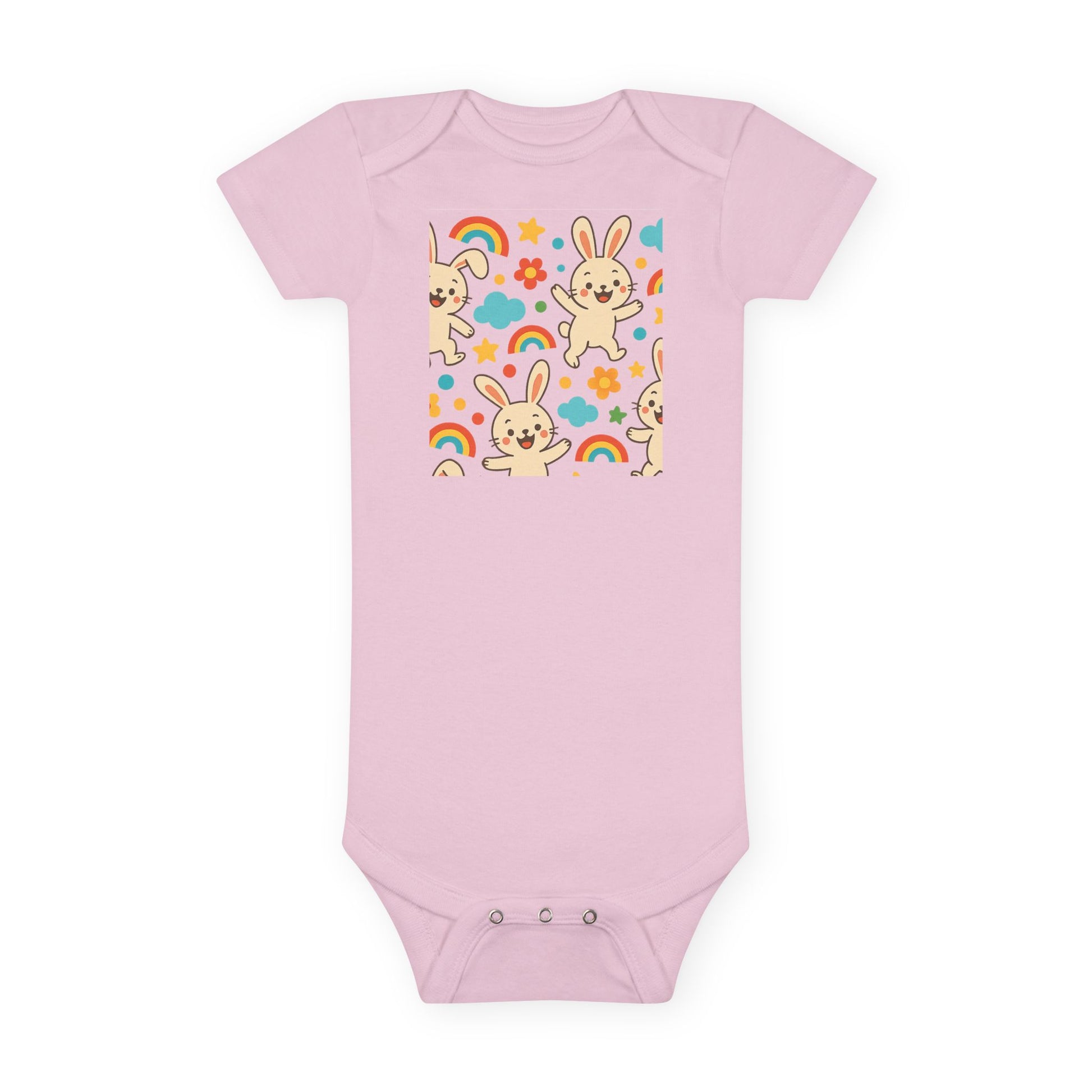 Cute bunny baby onesie for spring with rainbows and flowers on soft cotton fabric

