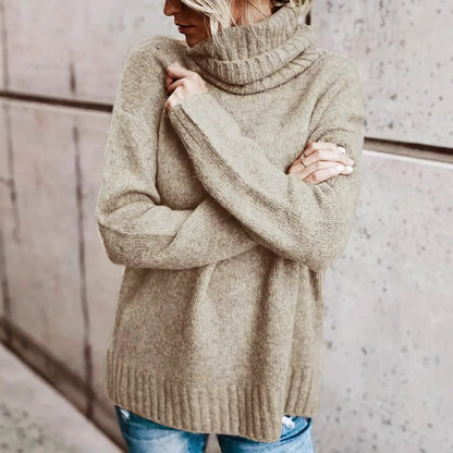 Cozy plus-size khaki turtleneck sweater – medium thick pullover for effortless daily wear.