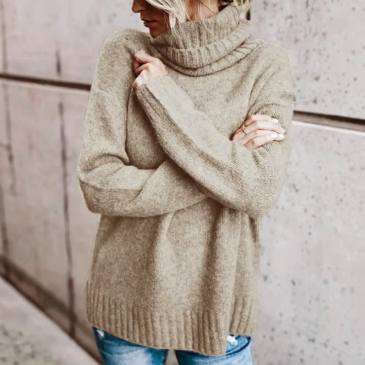 Cozy plus-size khaki turtleneck sweater – medium thick pullover for effortless daily wear.