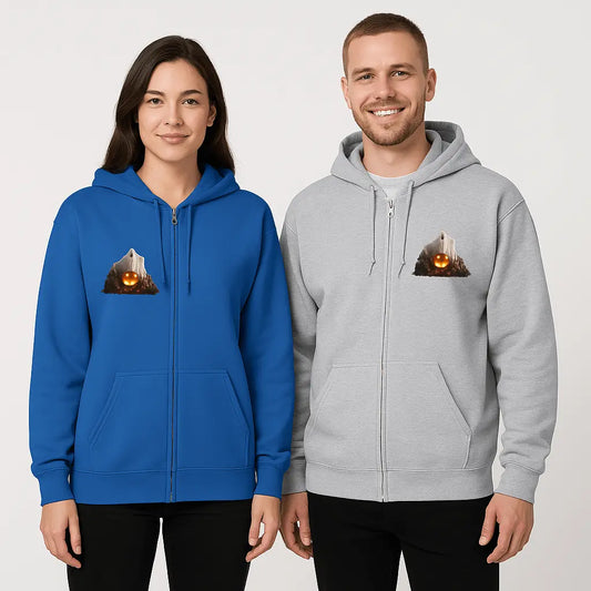 Cozy unisex Halloween zip hoodie with soft fleece, spooky ghost & pumpkin print, and sturdy zipper – perfect for casual autumn style.    
