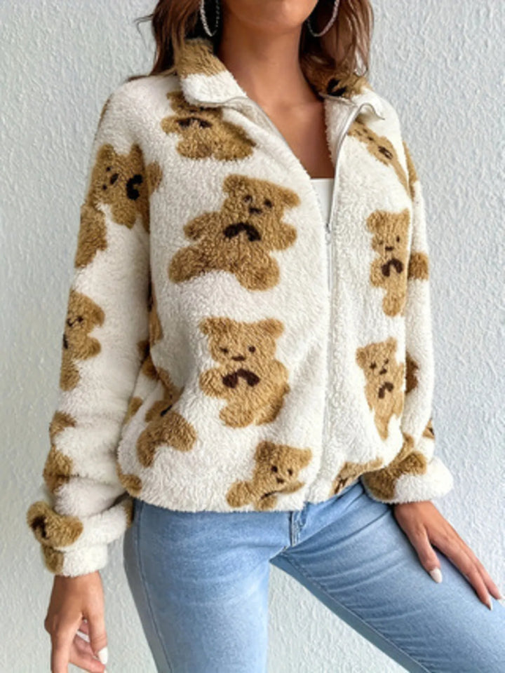 Cute &amp; cozy commute – bear print fleece jacket styled with beanie
