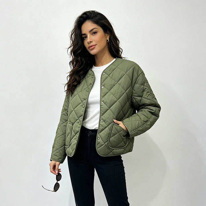 Green round-neck jacket showing front fastening and patch pockets