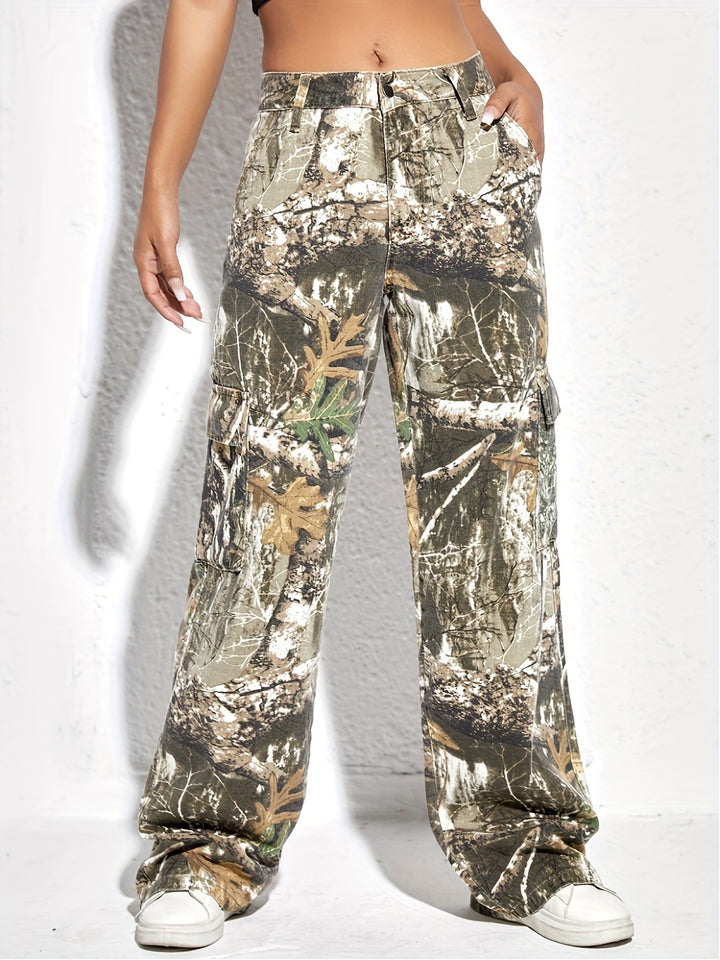 Wide Leg Camouflage Pants for Women - Denim Cargo Style