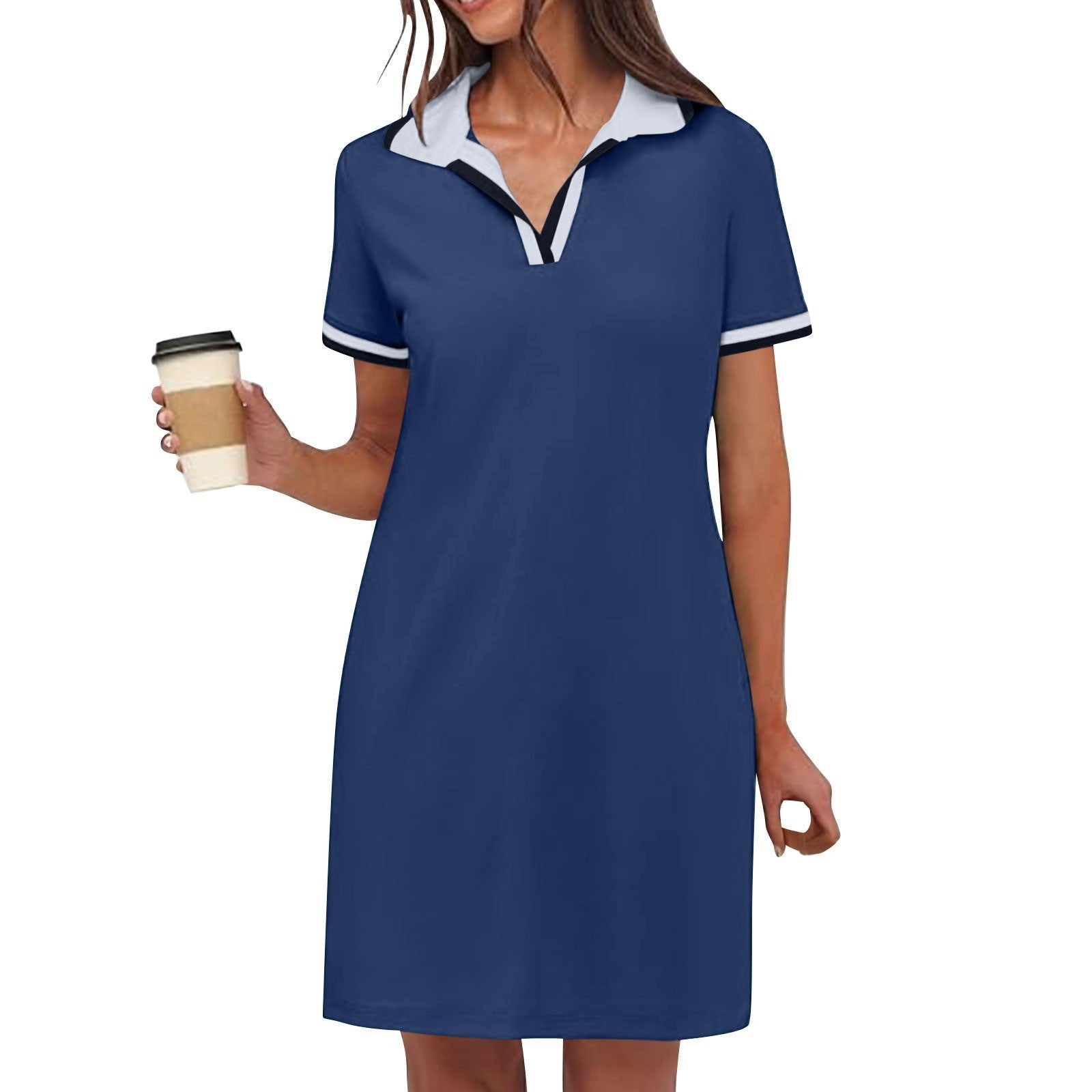Dark Blue Women's Short Sleeve V-Neck Casual Dress – Timeless Polyester Comfort