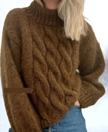 Dark brown acrylic knit women's turtleneck pullover sweater on mannequin, front view.