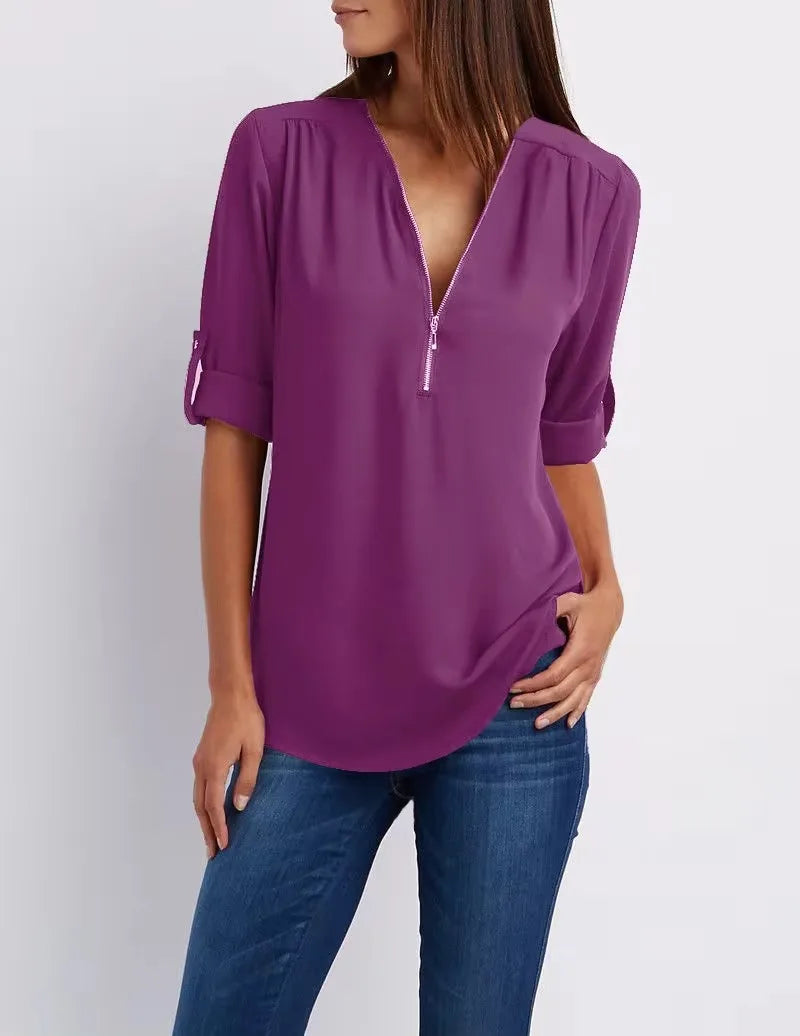 Deep V Neck Chiffon Blouse – Flattering Loose Silhouette