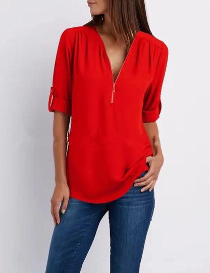 Deep V Neck Chiffon Blouse – Sleek Solid Color Fashion Piece