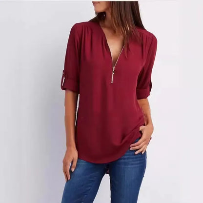 Deep V Neck Chiffon Blouse – Travel-Ready Wrinkle-Resistant Top