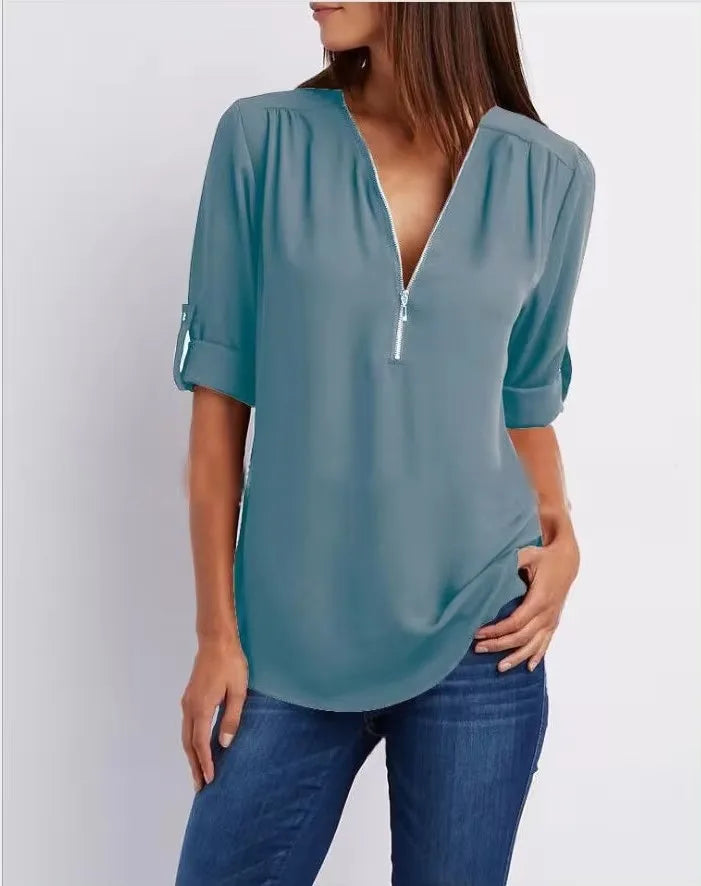 Deep V Neck Chiffon Blouse – Work to Weekend Versatile Shirt