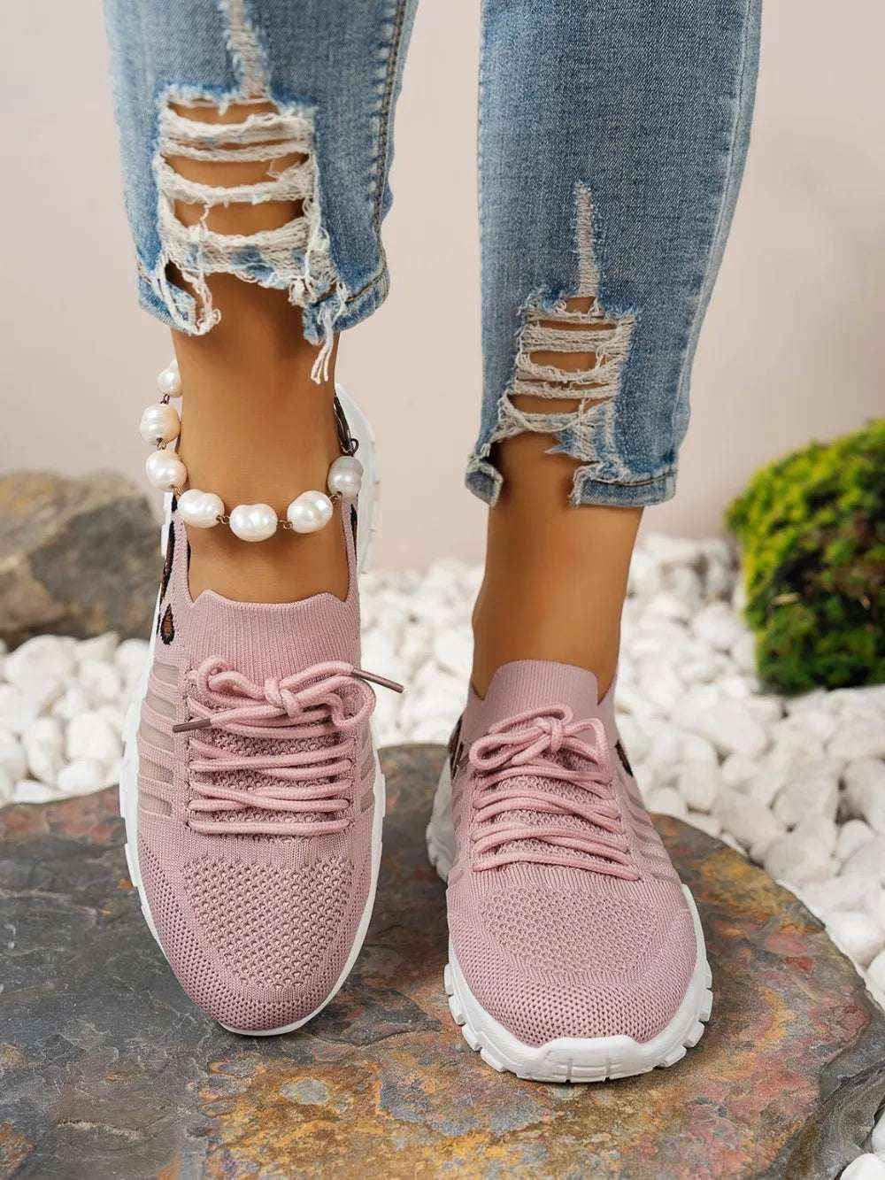 Leopard Cutout Mesh Lace-Up Sneakers - Stylish Flats