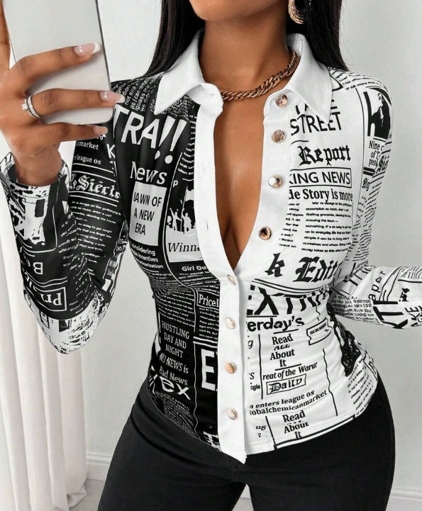 Detail shot: front buttons and crisp collar on a full-print long sleeve shirt

