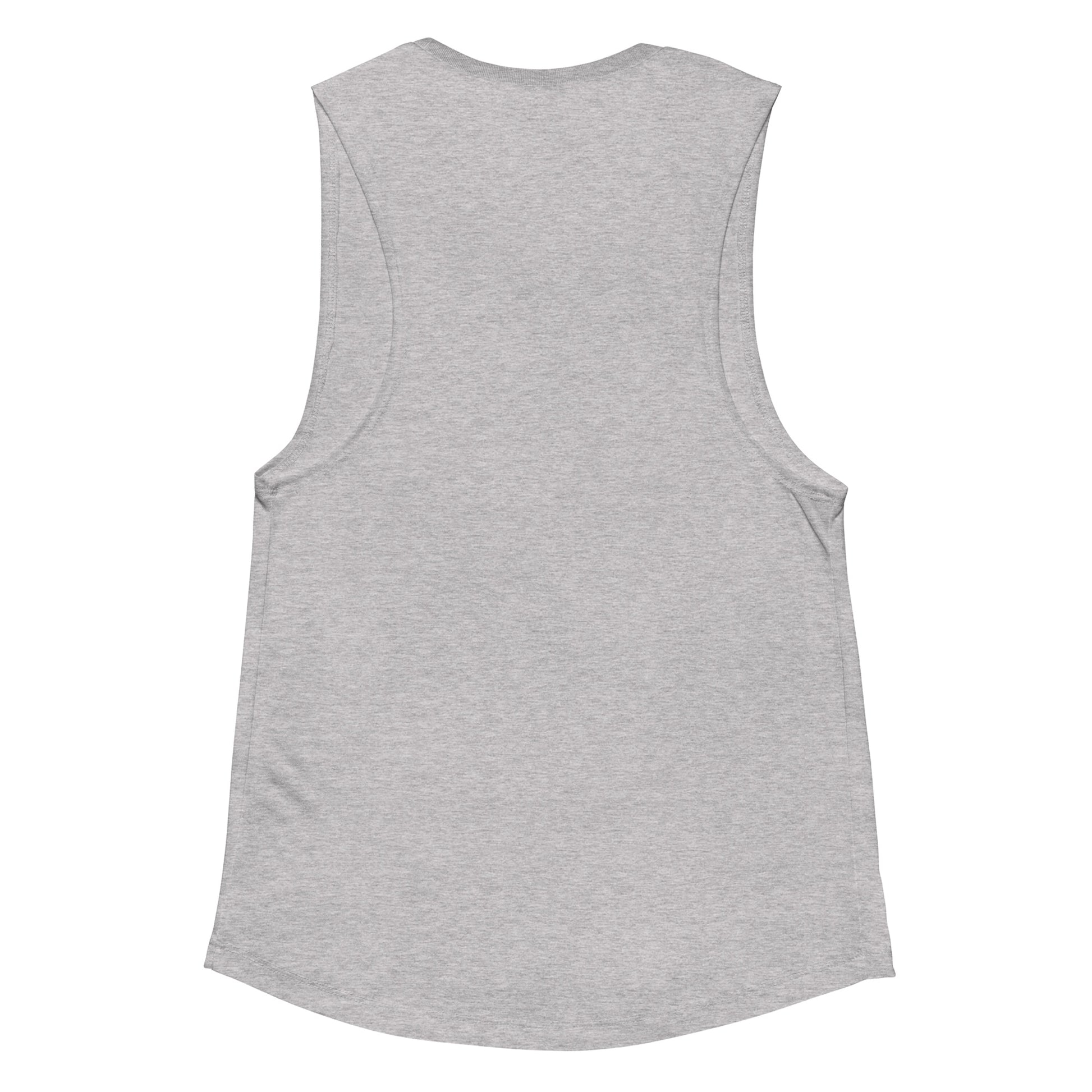 Detail shot of curved bottom hem on ladies’ muscle tank, emphasizing flattering silhouette and clean finish.      