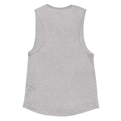 Detail shot of curved bottom hem on ladies’ muscle tank, emphasizing flattering silhouette and clean finish.      