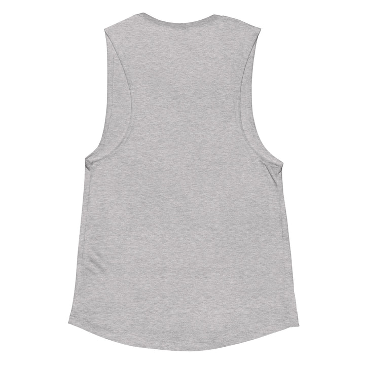 Detail shot of curved bottom hem on ladies’ muscle tank, emphasizing flattering silhouette and clean finish.      
