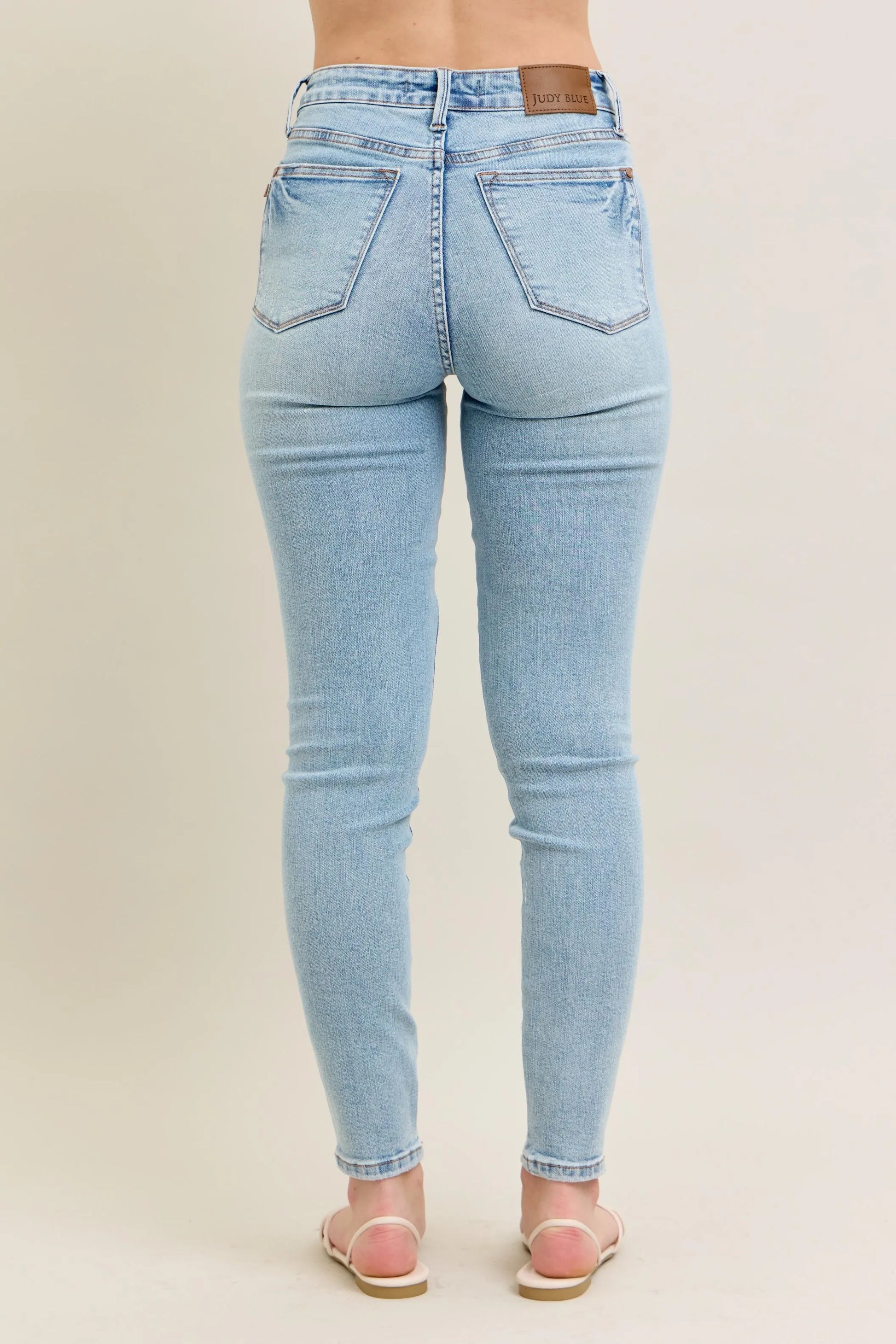 Detail shot of stretch denim and comfort fit fabric.

