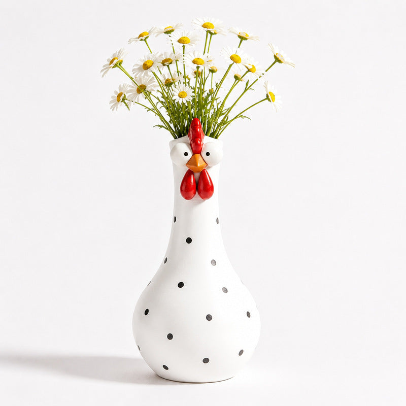 Long-neck chicken sculpture with colorful polka dots and hand-painted resin form shown as a vase for decorative home styling.
