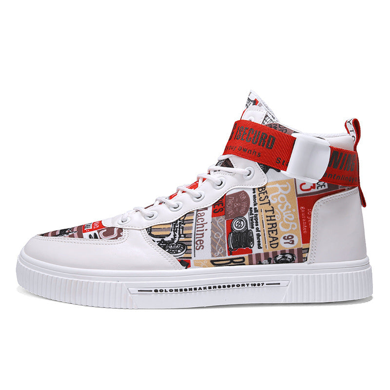 White Red high top sneaker side view with graphic print panels and red ankle strap