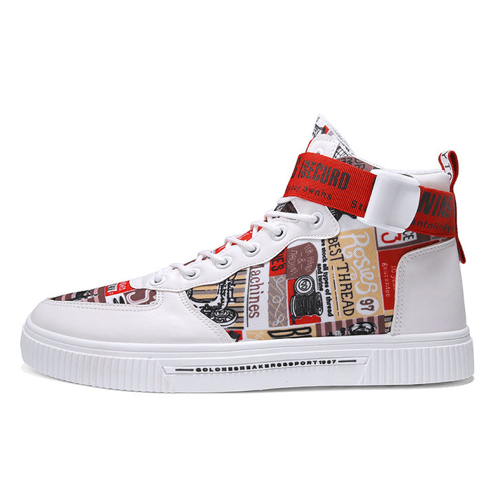 White Red high top sneaker side view with graphic print panels and red ankle strap