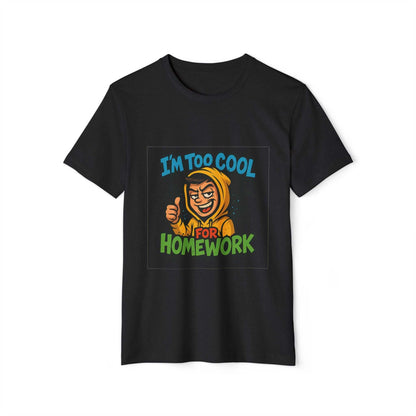 Black tee with cartoon and 'I'm too cool for homework' text