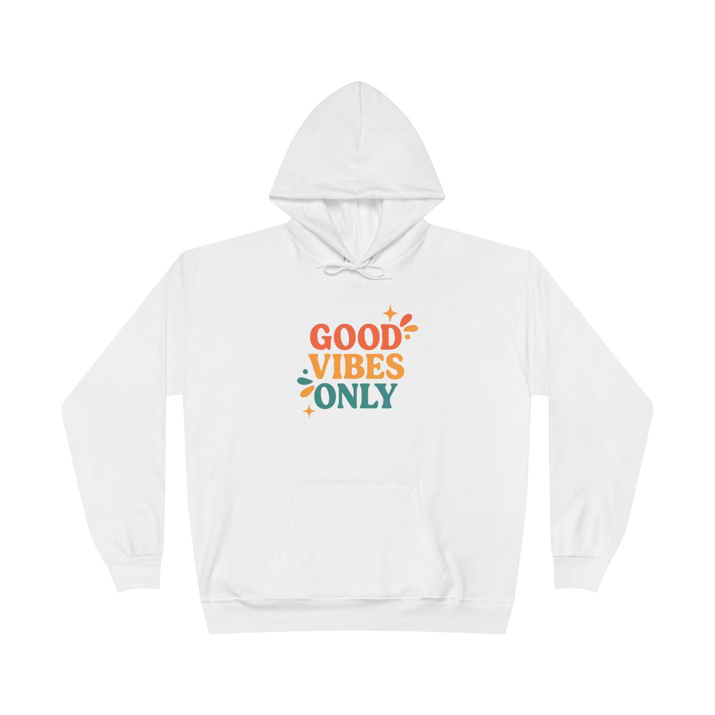 White hoodie with colorful Good Vibes Only print