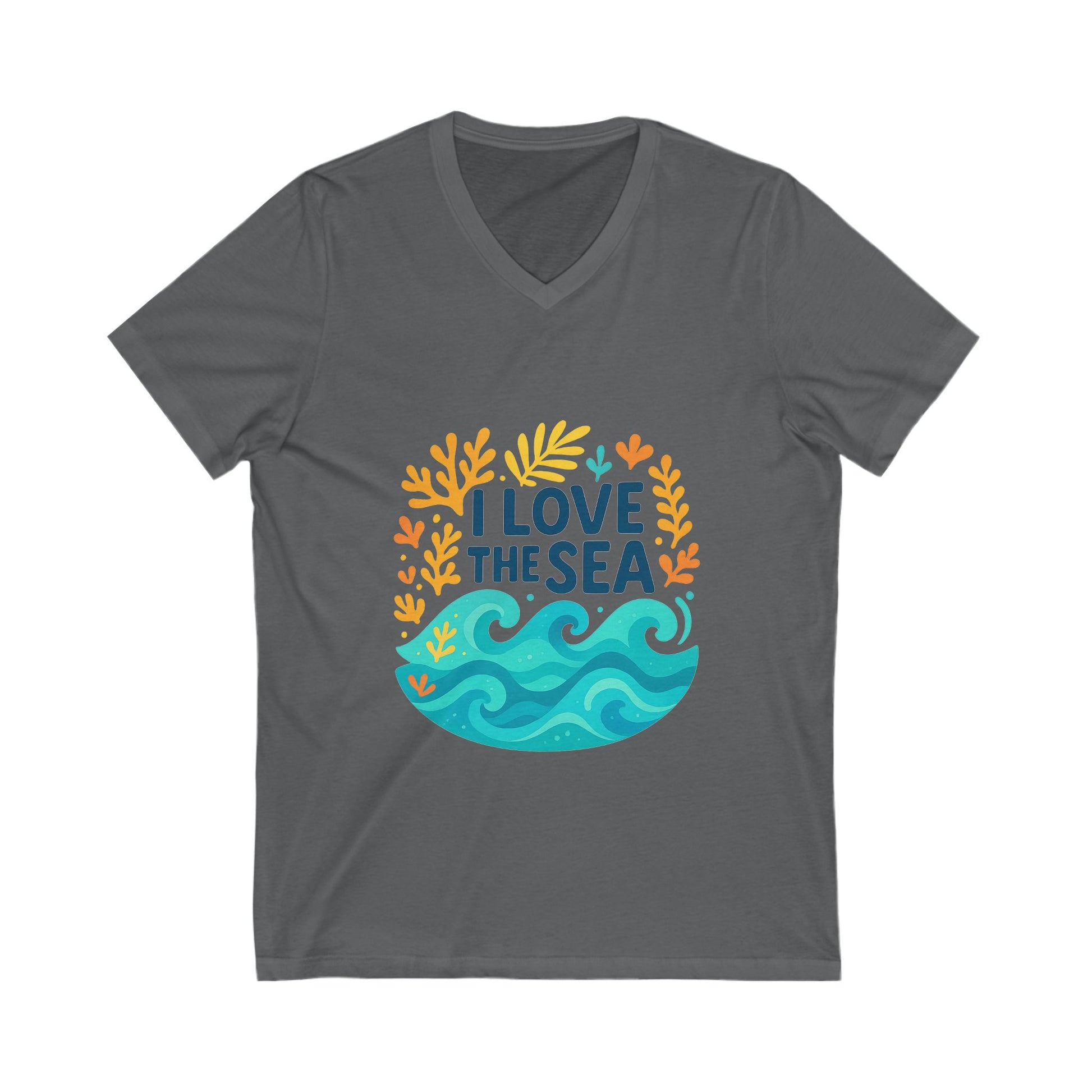 Close-up of “I Love the Sea” design on cotton v-neck tee, perfect for ocean enthusiasts

