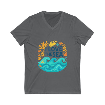 Close-up of “I Love the Sea” design on cotton v-neck tee, perfect for ocean enthusiasts

