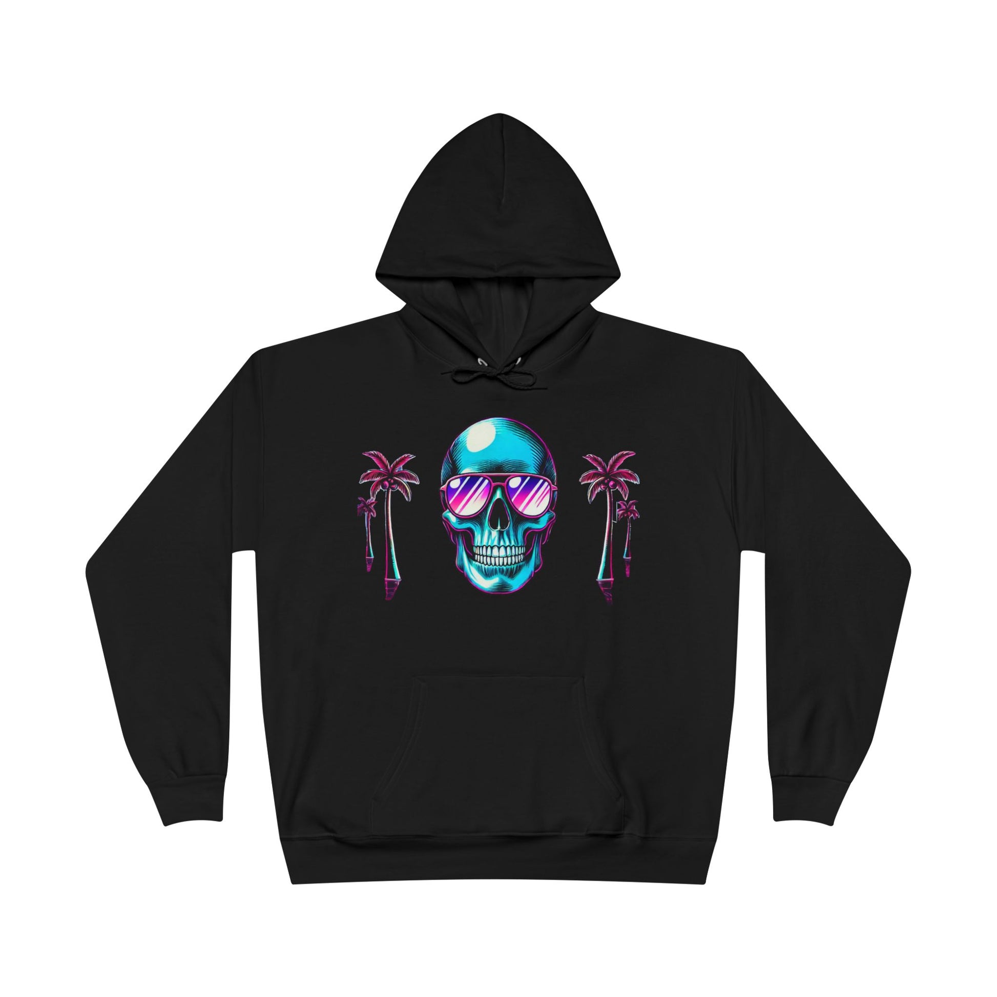 Side view of tropical skull hoodie showing adjustable hood

