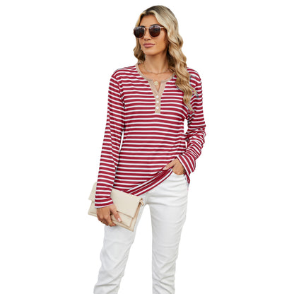 Effortless elegance with the pink and purple Striped V-neck T-shirt, a soft and comfortable pullover for any season.

