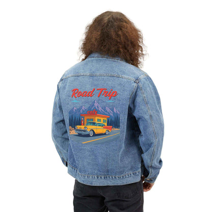 casual denim jacket men road trip inspired back artwork
