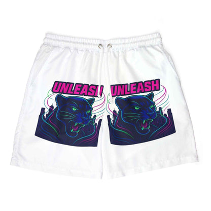 Black shorts with elegant big cat design, drawstring detail
