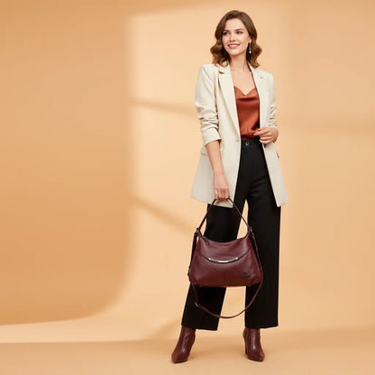 Elegant Wine Red Soft Leather Shoulder Bag – Women's Large Capacity Design with Secure Zipper Pocket