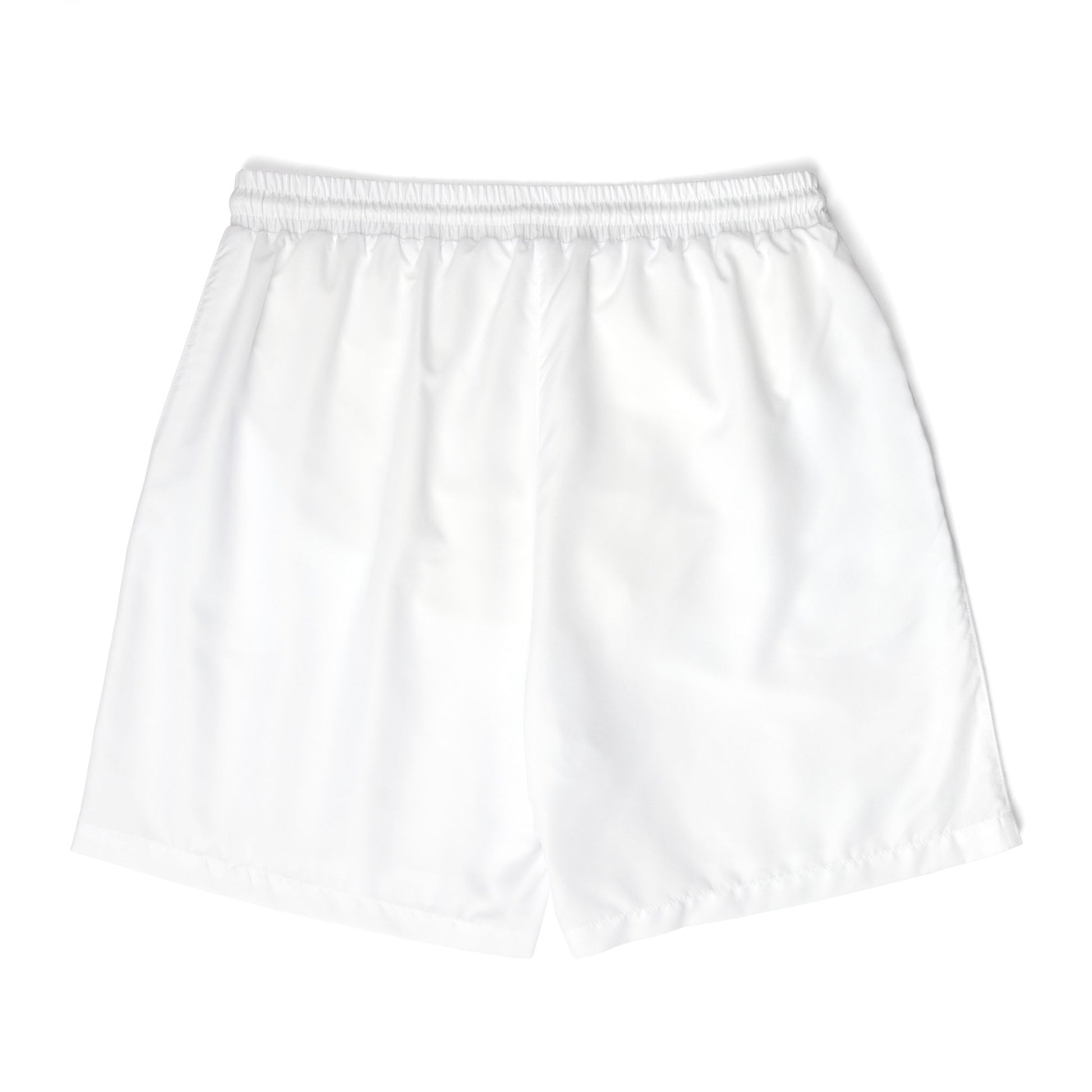Plain white unisex quick-dry swim shorts back view