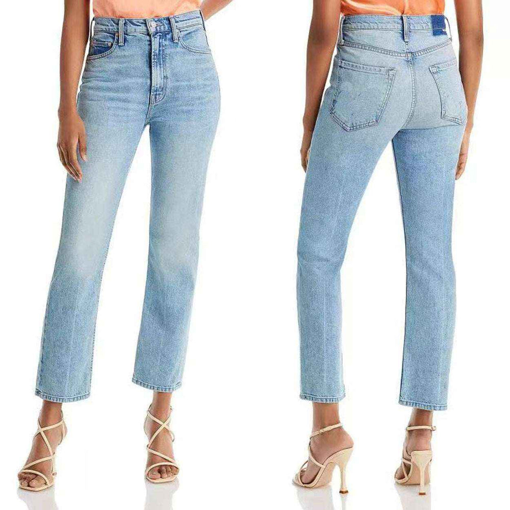High-Waist Embroidered Cropped Denim Pants – Light Blue