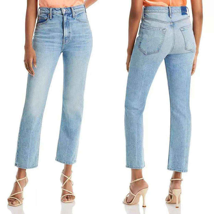 High-Waist Embroidered Cropped Denim Pants – Light Blue