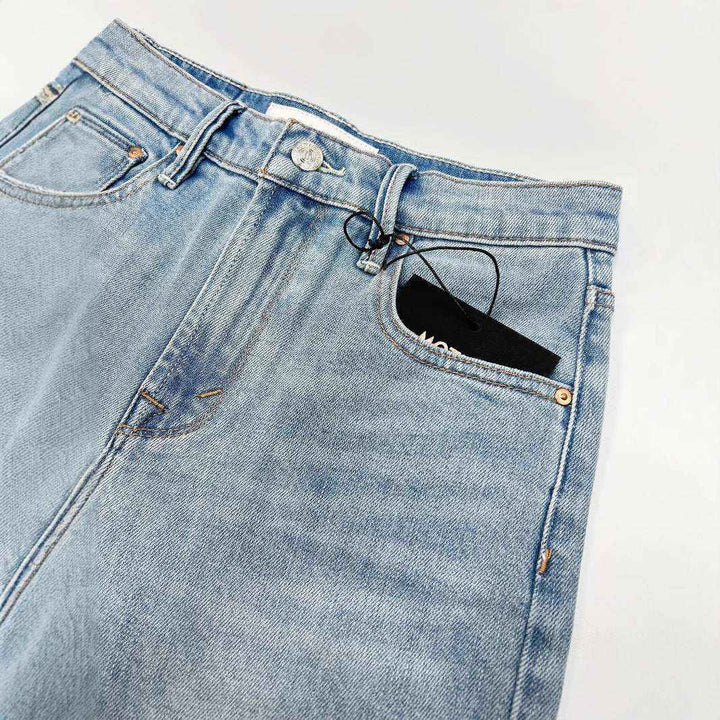 High-Waist Embroidered Cropped Denim Pants – Light Blue