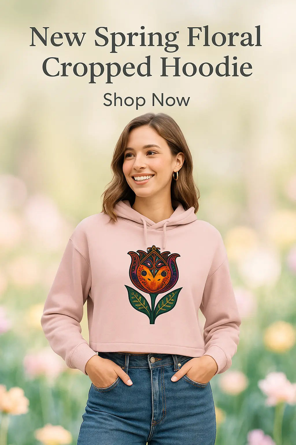 “Enjoy Brunch in Our Tulip-Print Floral Cropped Hoodie Comfort Meets Style”