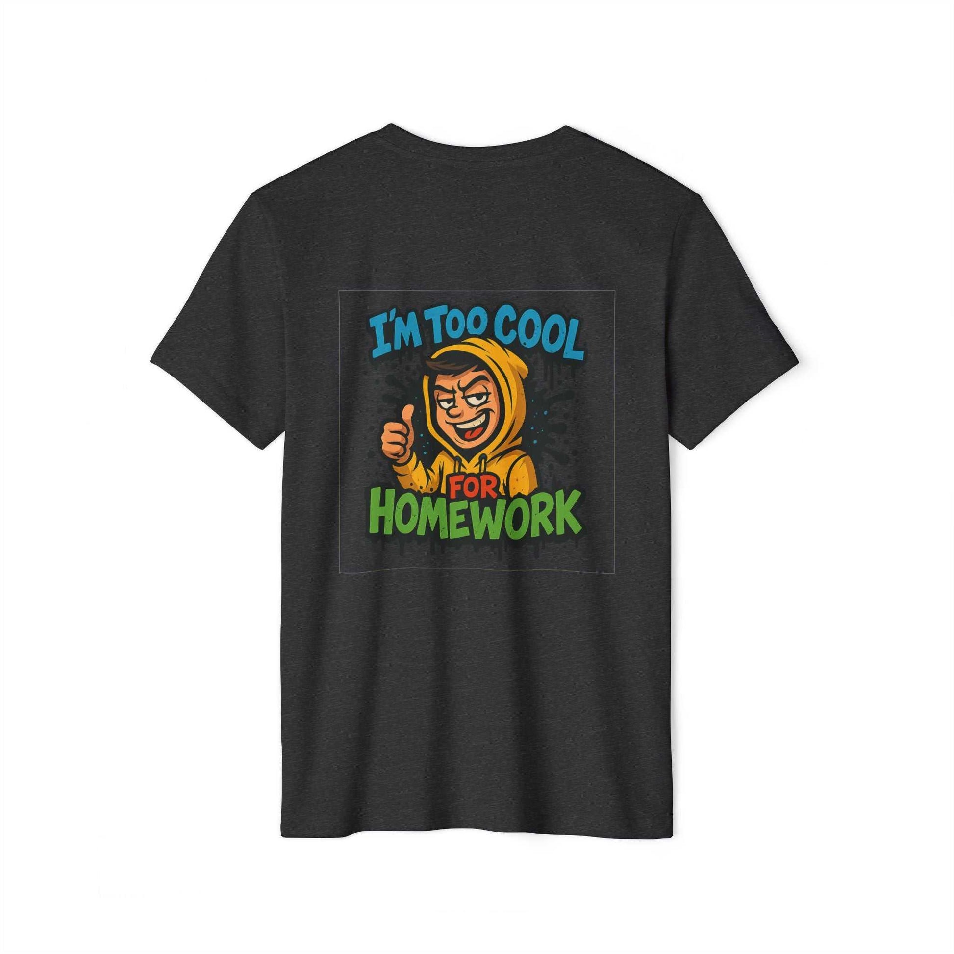 Black tee with cartoon I'm too cool for homework