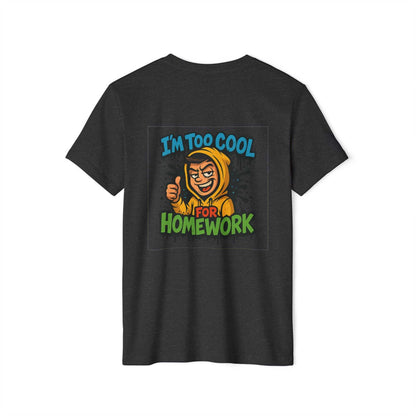 Black tee with cartoon I'm too cool for homework