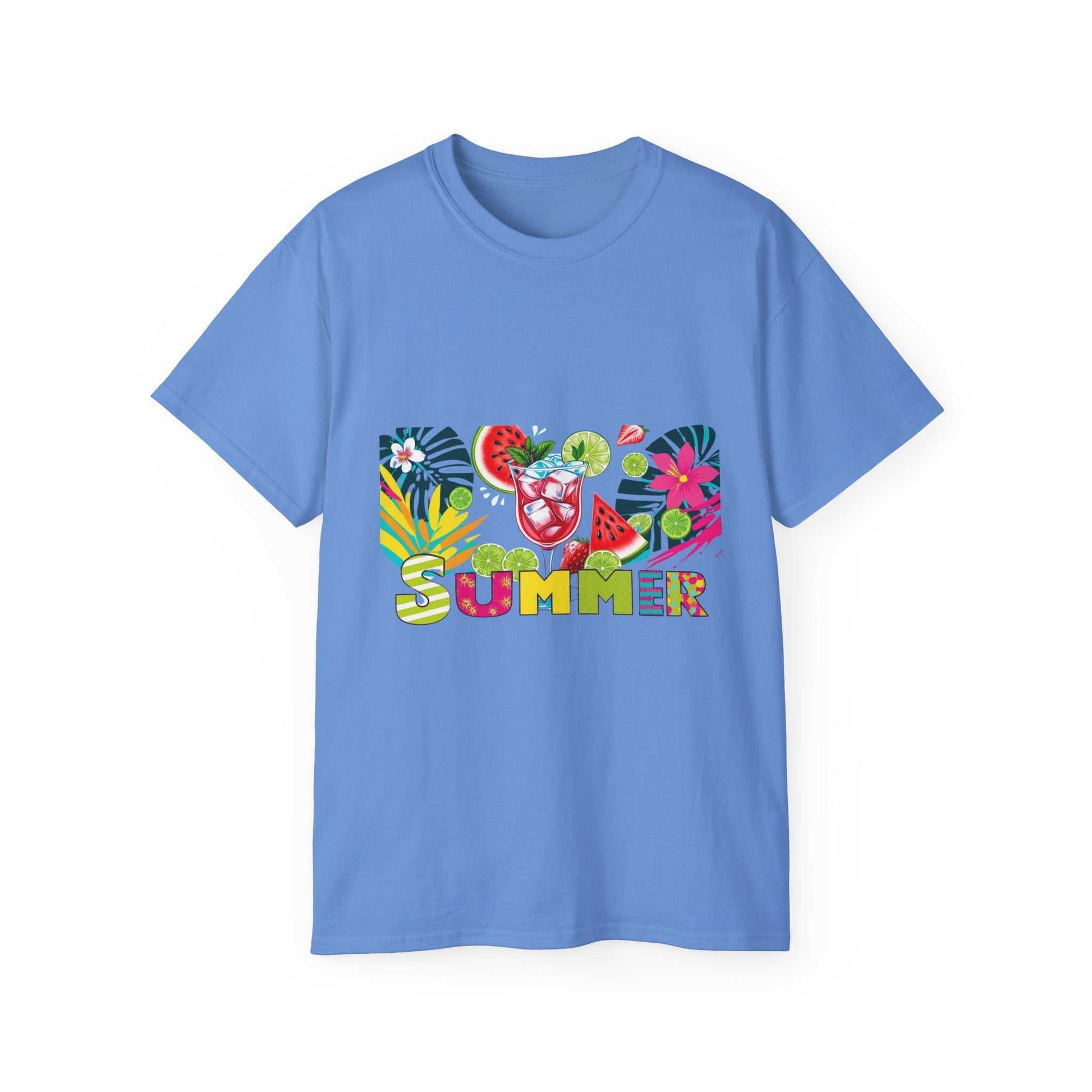 Blue t-shirt with colorful summer tropical print