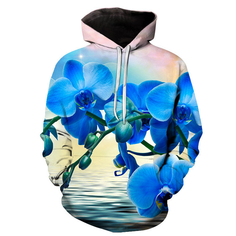 Rose Hoodie with Floral Print and Loose Fit Long Sleeve