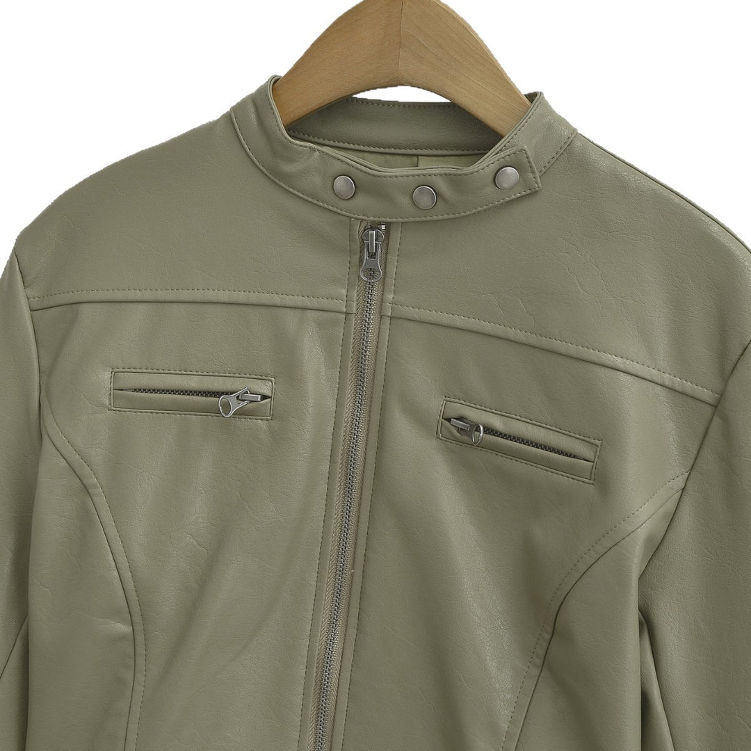 Gray Green jacket on a wooden hanger shown from the front, with the stand collar, shoulder seam and chest zips against white.