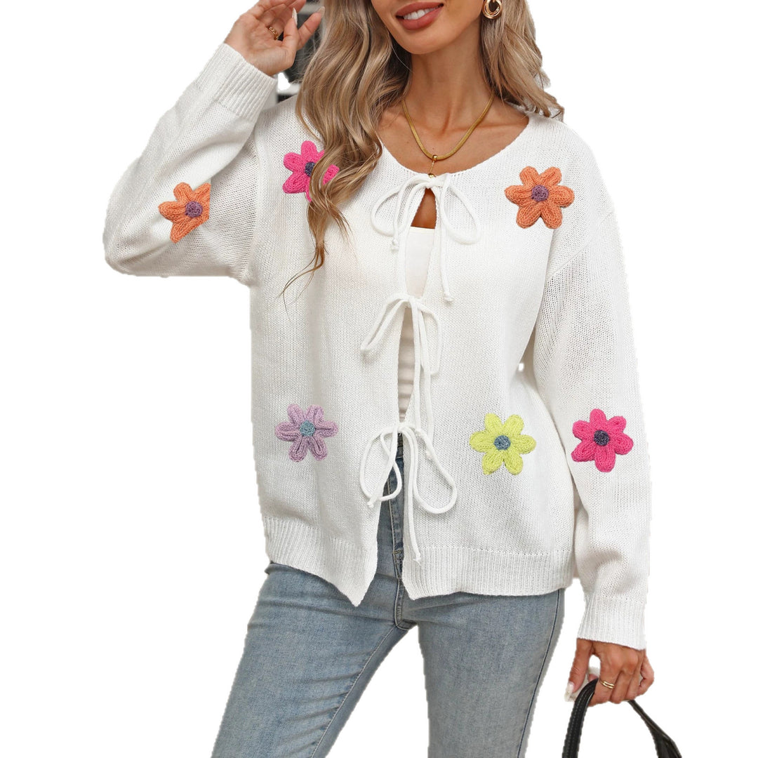Knit cardigan women in White with floral 3D detail, tie front and long sleeves, shown for product detail reference view view.