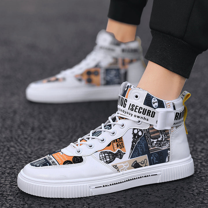 White Yellow high top sneakers with graphic print panels and white sole