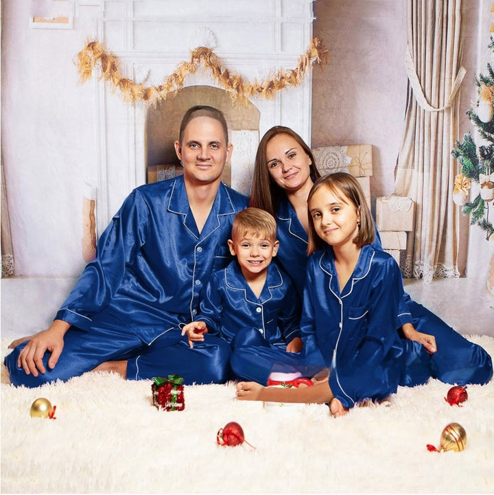 Family matching ice silk pajamas set with button blouse &amp; pants