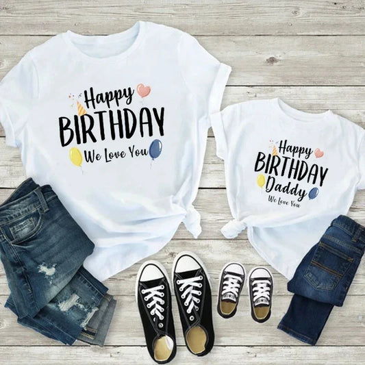 Family pose in Happy Birthday Daddy shirt set – birthday photo-ready look